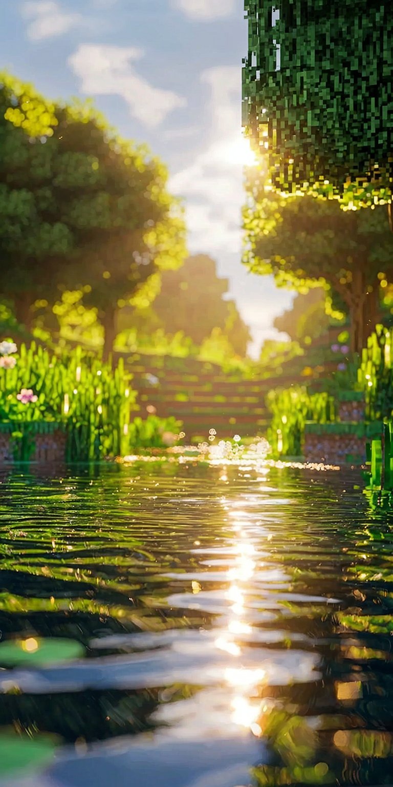 Immerse yourself in this stunning Minecraft 4K wallpaper, perfect for your iPhone. The tranquil water reflects the bright sun, with pixelated trees and grassy banks adding to the serene, block-built landscape.