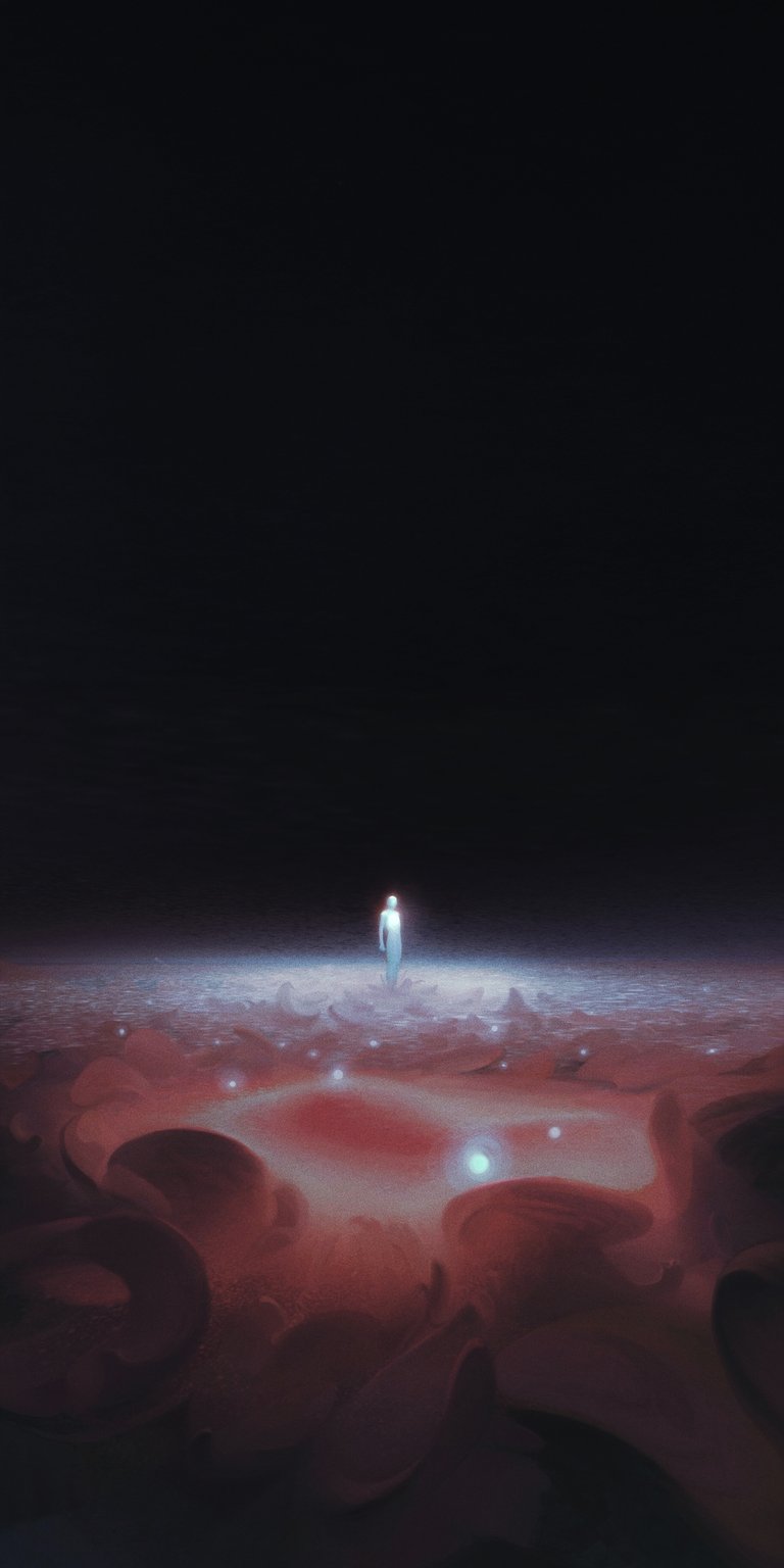 This high-contrast 4K wallpaper features a glowing white figure standing within a deep crimson, surreal landscape. Optimized as an OLED / AMOLED wallpaper for iPhone, the vast dark sky creates a striking sense of depth and isolation.