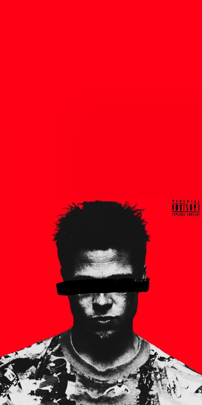 Get this Tyler Durden 4K wallpaper for your iPhone, showcasing a black censor bar over his eyes against a bold red background. This cool wallpaper also features a 'Parental Advisory' label.