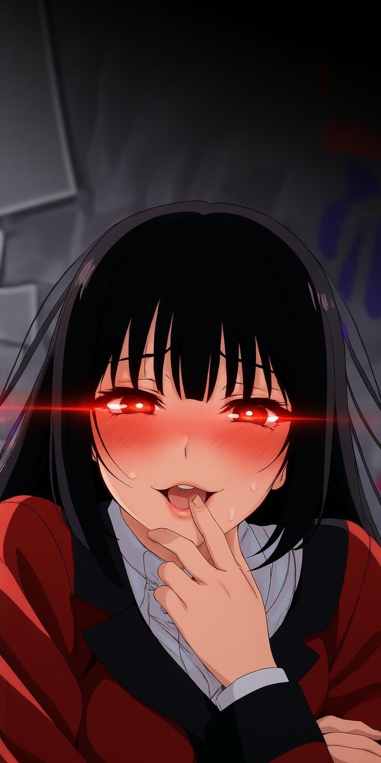 Download this Yumeko Jabami 4K wallpaper for your iPhone, showcasing her piercing red eyes and a mischievous finger to her lips. This stunning wallpaper captures her intense gaze and the details of her striking black hair.