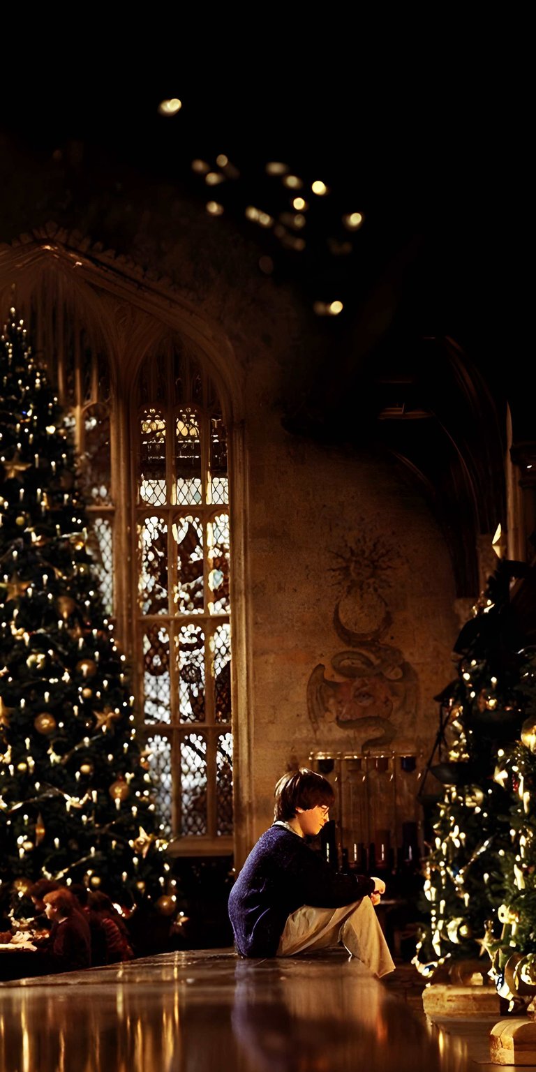 Download this stunning Harry Potter wallpaper in 4K for your iPhone. Featuring Harry sitting on the floor in front of a tall window with frosted panes, the wallpaper also showcases two lit Christmas trees.