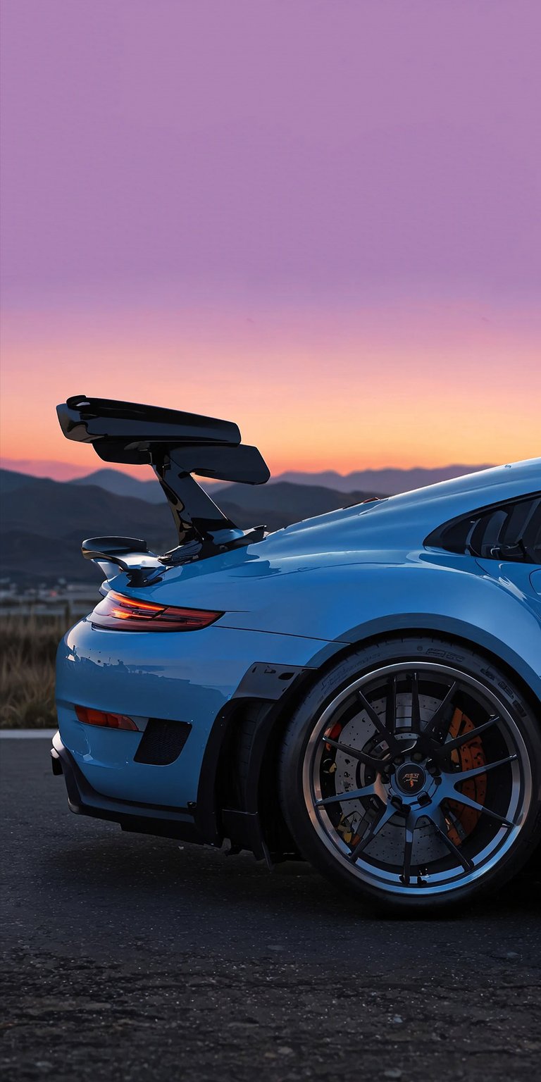 Download this Porsche 4K wallpaper for your iPhone, featuring a light blue paint job. The wallpaper captures the car's aerodynamic wing and intricate wheel design set against a beautiful sunset backdrop.