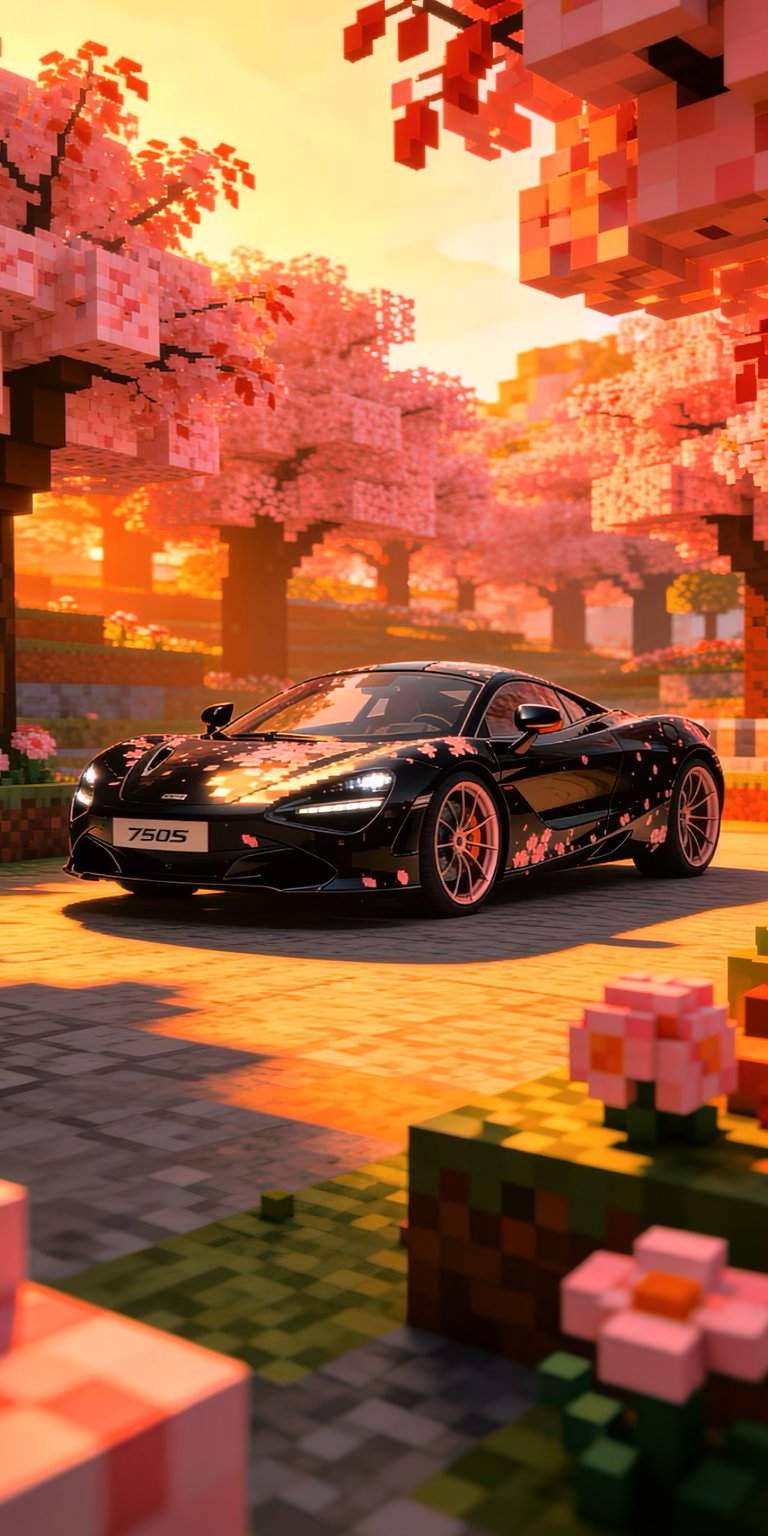 This high-resolution wallpaper features a sleek McLaren 720S rendered in a vibrant Minecraft-inspired voxel world. The scene is bathed in the warm, golden light of a setting sun, highlighting the iconic pink cherry blossom trees (Sakura) that surround the vehicle. It is the perfect blend of luxury automotive design and cozy gaming aesthetics, ideal for fans of both supercars and sandbox builds.