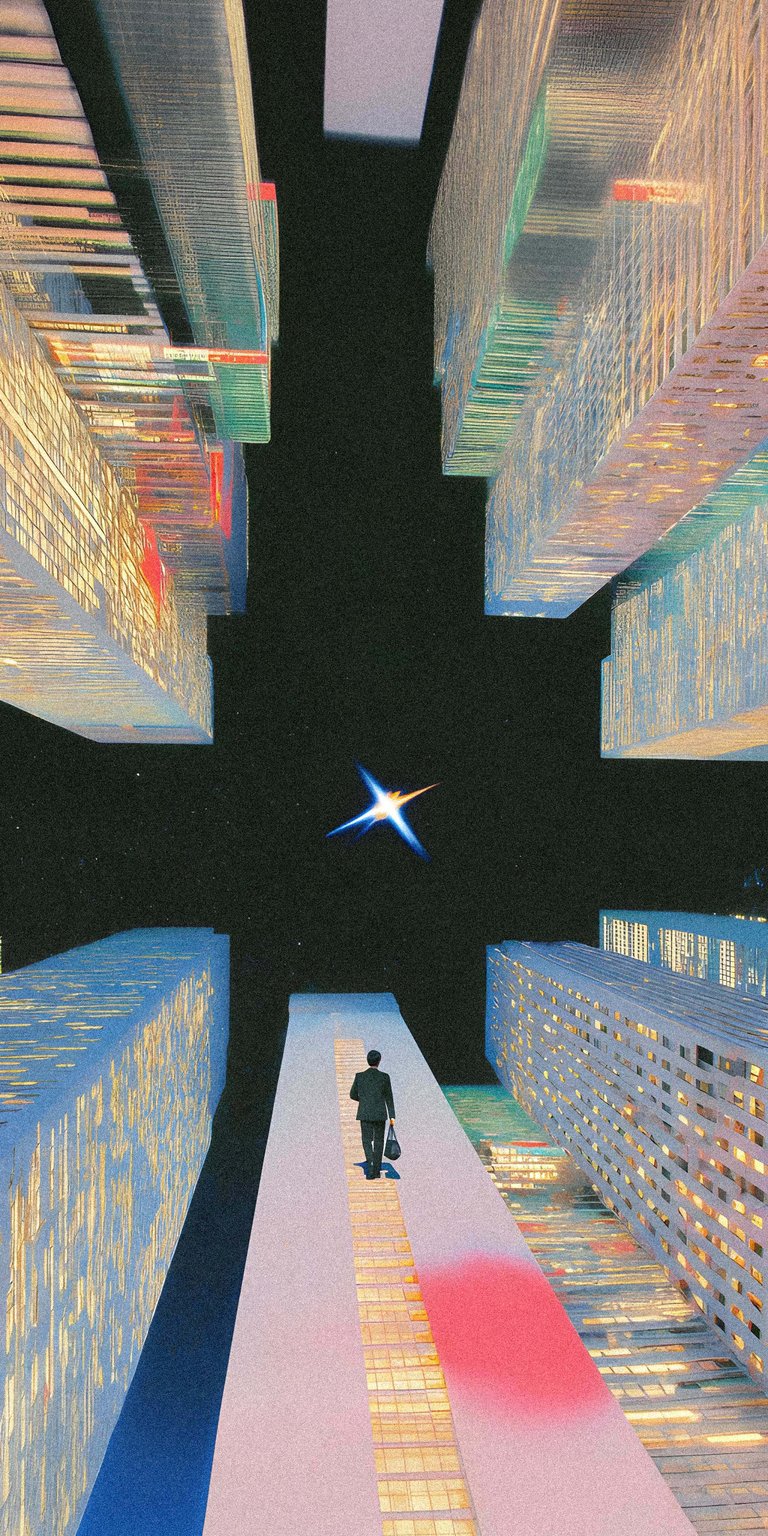 A thought-provoking surrealist wallpaper featuring a businessman walking down a floating pink path between towering, pixelated skyscrapers. The perspective looks straight up toward a single bright star in a dark sky. This artwork blends corporate themes with a dreamlike, vaporwave-adjacent world, symbolizing ambition and the journey through the unknown.
