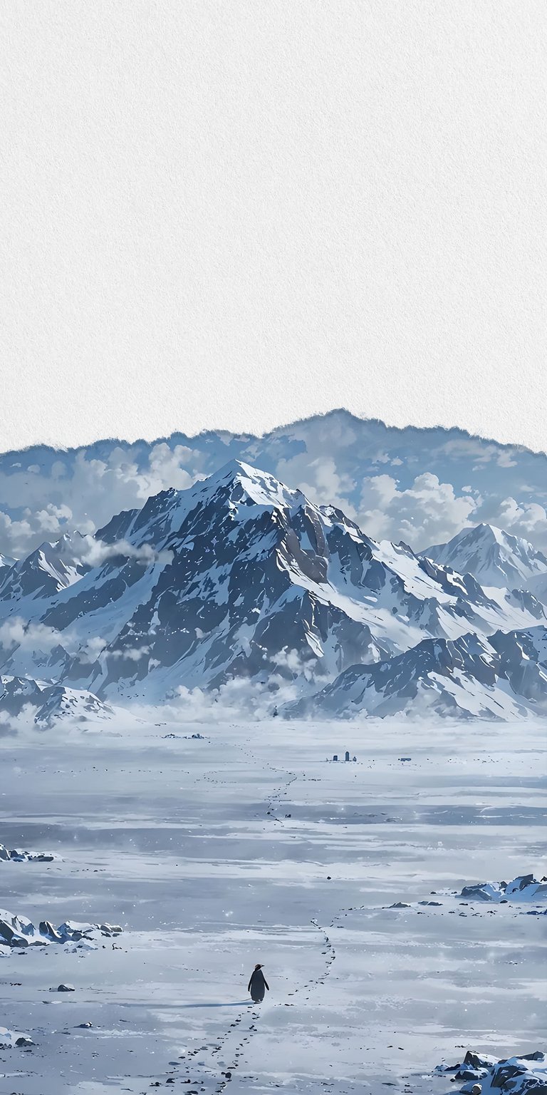 Download this stunning Penguin nihilist 4K wallpaper for your iPhone, showing a lone penguin trekking across the icy landscape towards distant structures. The high-resolution wallpaper captures the striking contrast between the penguin's dark feathers and the vast, white expanse of Antarctica.