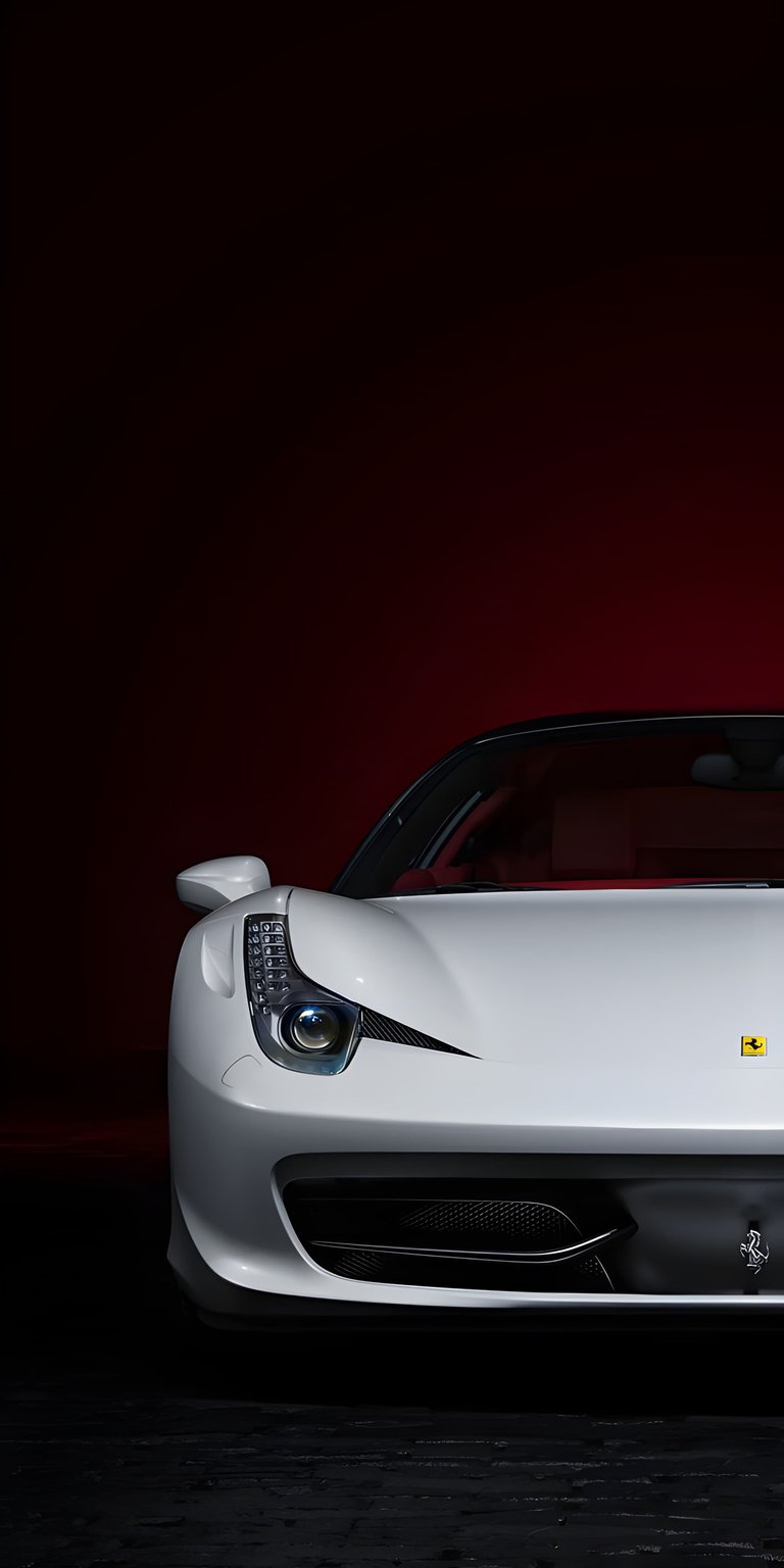 This high-contrast White Ferrari 458 Italia 4K wallpaper is optimized for OLED screens, featuring a striking red and black background. Enhance your iPhone with this minimalist automotive shot that highlights the sleek curves and iconic headlights of the Italian supercar.