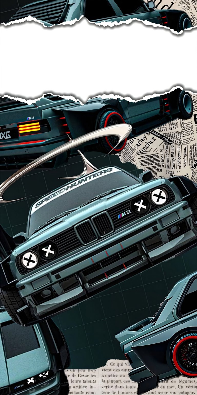 Rev up your iPhone with this Speedhunters-inspired 4K wallpaper featuring a heavily modified BMW M3 with aggressive widebody styling. This wallpaper uses a unique torn-paper collage effect and high-contrast visuals to celebrate car culture and drift racing.