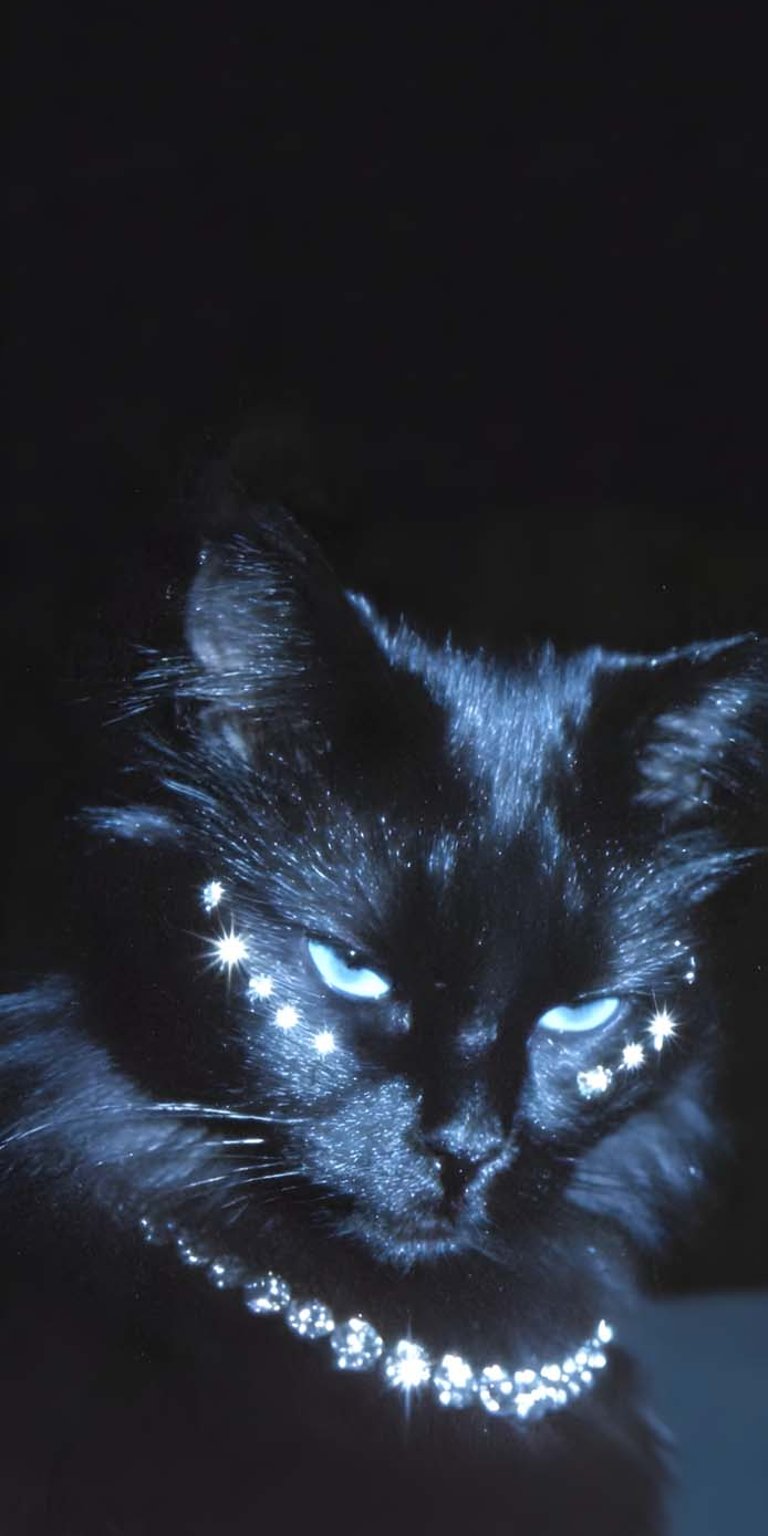 Download this striking black cat 4K wallpaper for your iPhone, showcasing piercing blue eyes. This wallpaper features a feline adorned with sparkling face jewels and a dazzling diamond necklace.