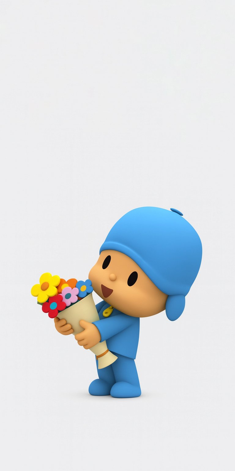 This Pocoyo 4K wallpaper is perfect for your iPhone. Pocoyo is holding a colorful bouquet of flowers with yellow, red, and blue blooms.