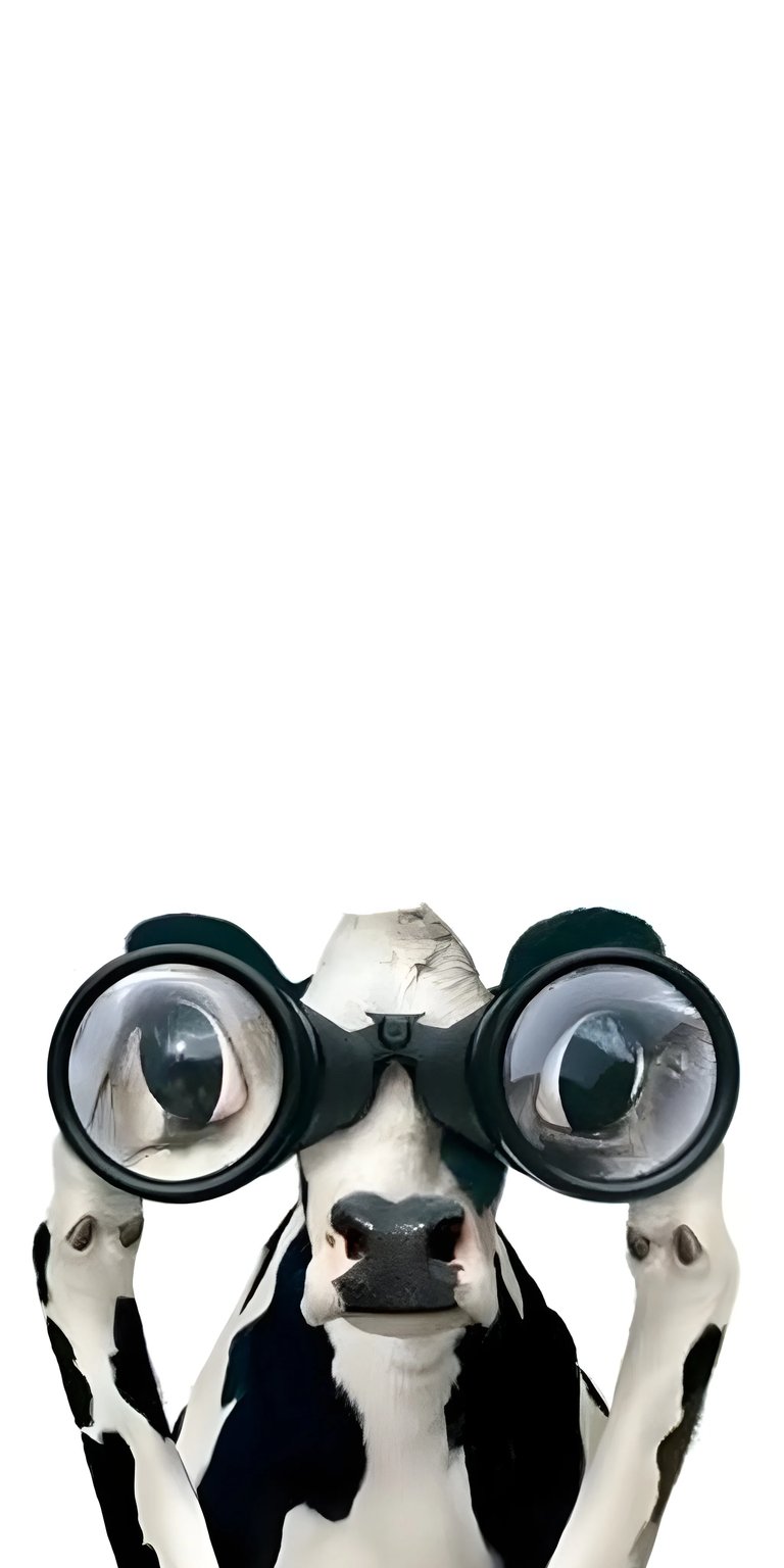 Download this funny cow 4K wallpaper for your iPhone! This wallpaper features a black and white cow wearing oversized binoculars, and his funny expression is reflected in the lenses.