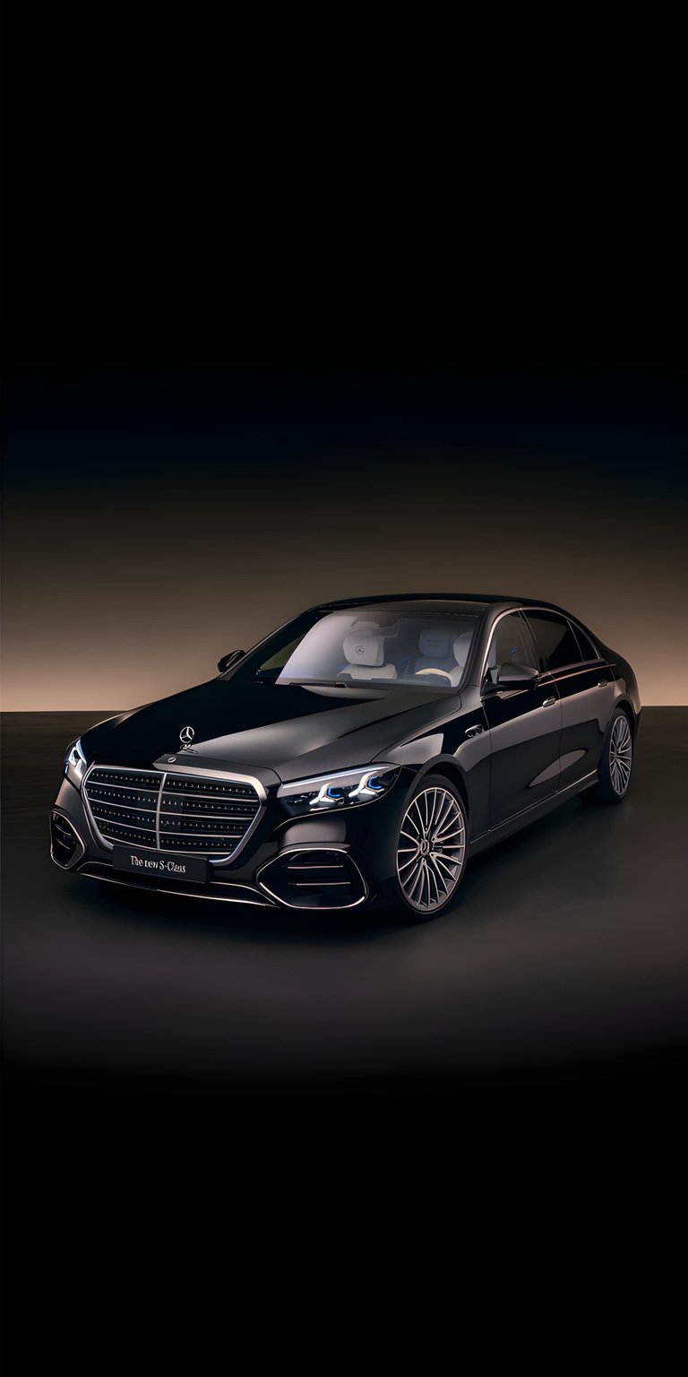 This high-end Black Mercedes-Benz S-Class 4K wallpaper features a sleek luxury sedan set against a deep, high-contrast background. Perfect for an iPhone OLED wallpaper, the image highlights the elegant chrome detailing and sophisticated LED lighting of the vehicle.