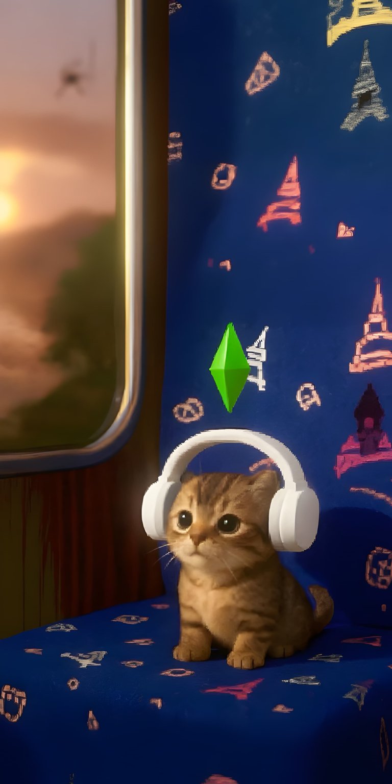 Download this cute Cat wallpaper in 4K for your iPhone! The wallpaper features a kitten wearing headphones, a green diamond above it, and a train window in the background.