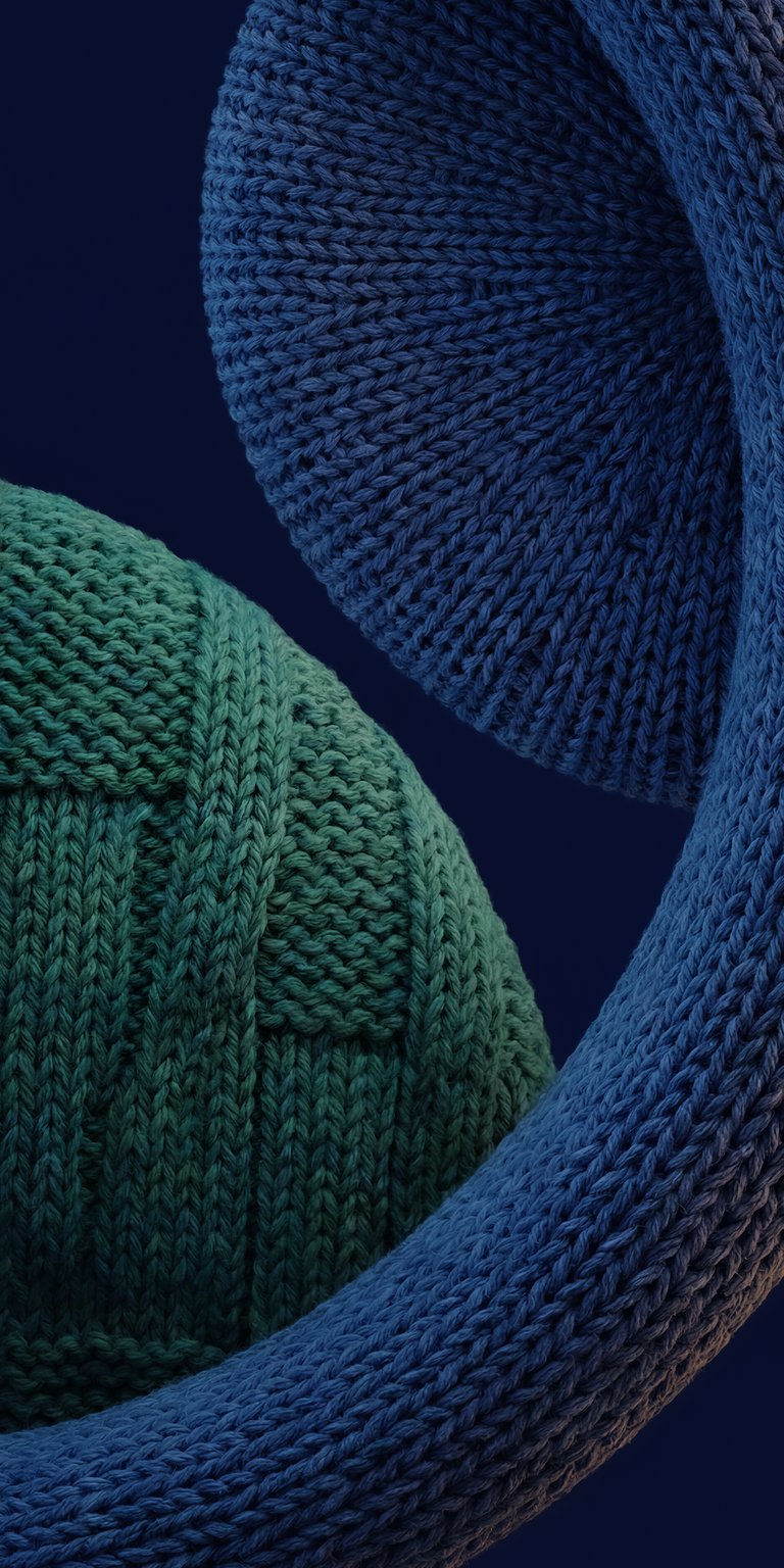 Download this 4K knitted abstract wallpaper for your iPhone, showcasing a vibrant green sphere and a winding blue rope. This cozy wallpaper features intricate knitting patterns against a dark background.