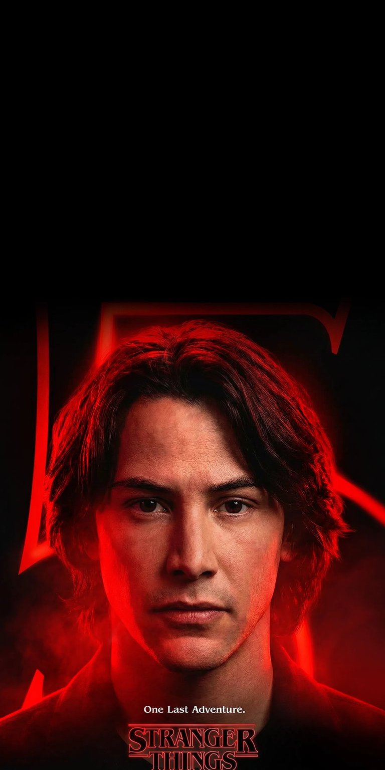 Download this Keanu Reeves wallpaper in stunning 4K for your iPhone, showcasing his long dark hair and a faint red glow. This wallpaper captures Keanu with a Stranger Things theme.