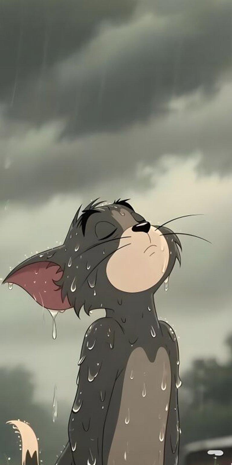 This 4K wallpaper showcases Tom and Jerry standing in the rain, looking up into the sky. This wallpaper is for iPhone and perfect for matching with someone else.