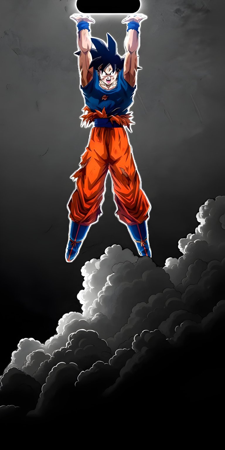 Elevate your iPhone with this dynamic Goku 4K wallpaper. This wallpaper features Goku's iconic orange pants, spiky black hair, and him holding a dark object.