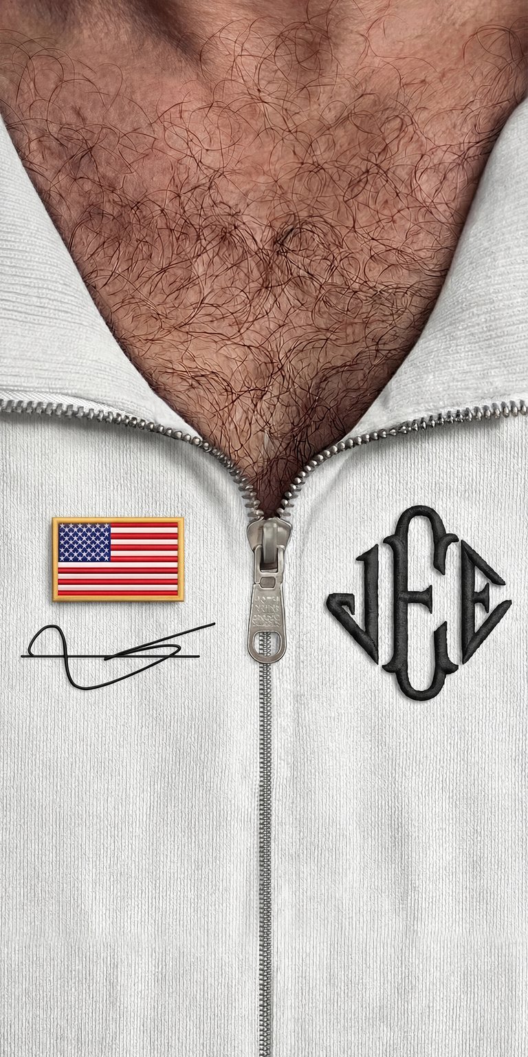 This Joe Burrow aesthetic wallpaper features a high-contrast close-up of a white textured zip-up jacket with custom monogramming and American flag detailing. Optimized for the iPhone, this wallpaper captures a gritty, athletic mood through sharp textures and realistic lighting.
