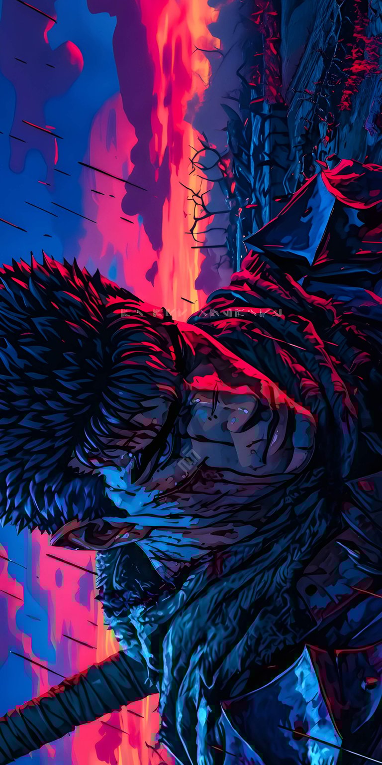 Download this Guts wallpaper for your iPhone in stunning 4K resolution. The wallpaper features Guts covered in blood, set against a backdrop of fiery orange and blue skies with spears piercing the scene.