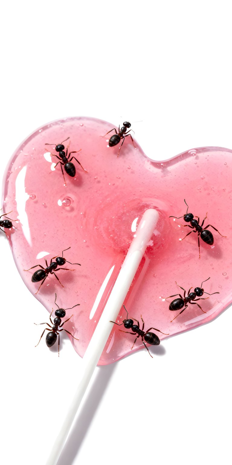 This aesthetic wallpaper features a high-definition 4K macro shot of ants exploring a translucent pink heart-shaped lollipop. Perfect for your iPhone, this wallpaper captures stunning detail with a clean white background and soft, natural lighting.