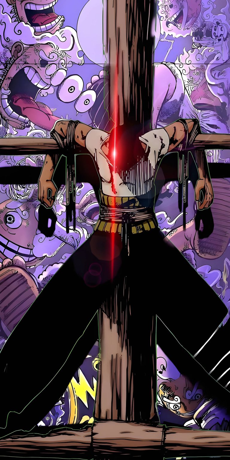 Download this Zoro 4K wallpaper for your iPhone, showcasing him bound to a wooden cross. The wallpaper also features a red laser aimed at him and a chaotic background filled with stylized character art.