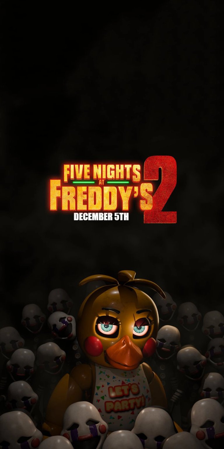 Download this Five Nights at Freddy's 2 Chica wallpaper in stunning 4K resolution for your iPhone! This wallpaper showcases Chica in a "Let's Party!" bib surrounded by creepy masks against a dark, moody backdrop.