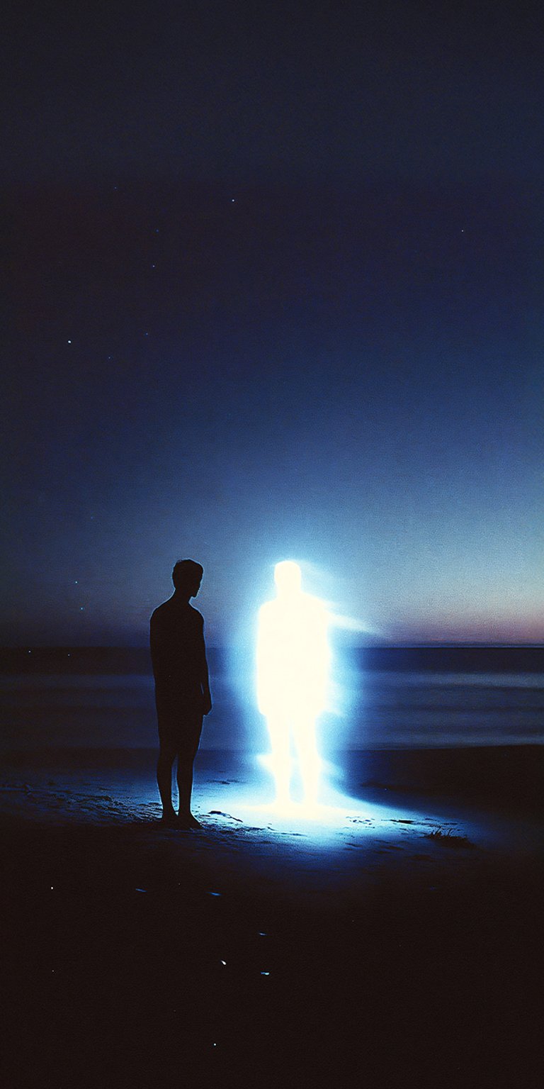 Glowing light and dark person in the ocean at night wallpaper iPhone 4K