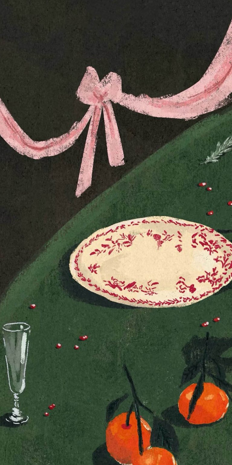 Download this Dinner Still Life wallpaper in stunning 4K for your iPhone. This wallpaper features tangerines on the vine, a decorative plate and a tall champagne flute.