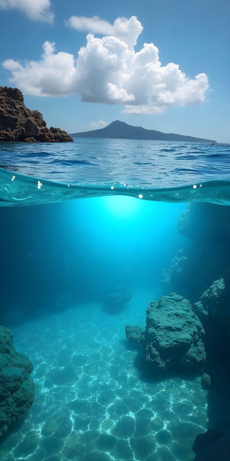 Experience the beauty of the ocean with this stunning underwater 4K wallpaper for your iPhone. The split view captures both the fluffy clouds above and the sunlit rocks beneath the surface.