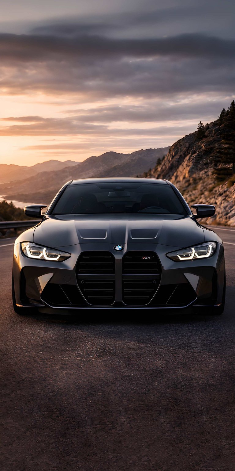 This BMW M4 G82 4K mobile wallpaper features the aggressive front fascia of the performance coupe set against a cinematic mountain sunset. The high-contrast aesthetic wallpapers style highlights the sleek dark paint and iconic LED "Angel Eye" headlights, making it a perfect fit for an iPhone lock screen.