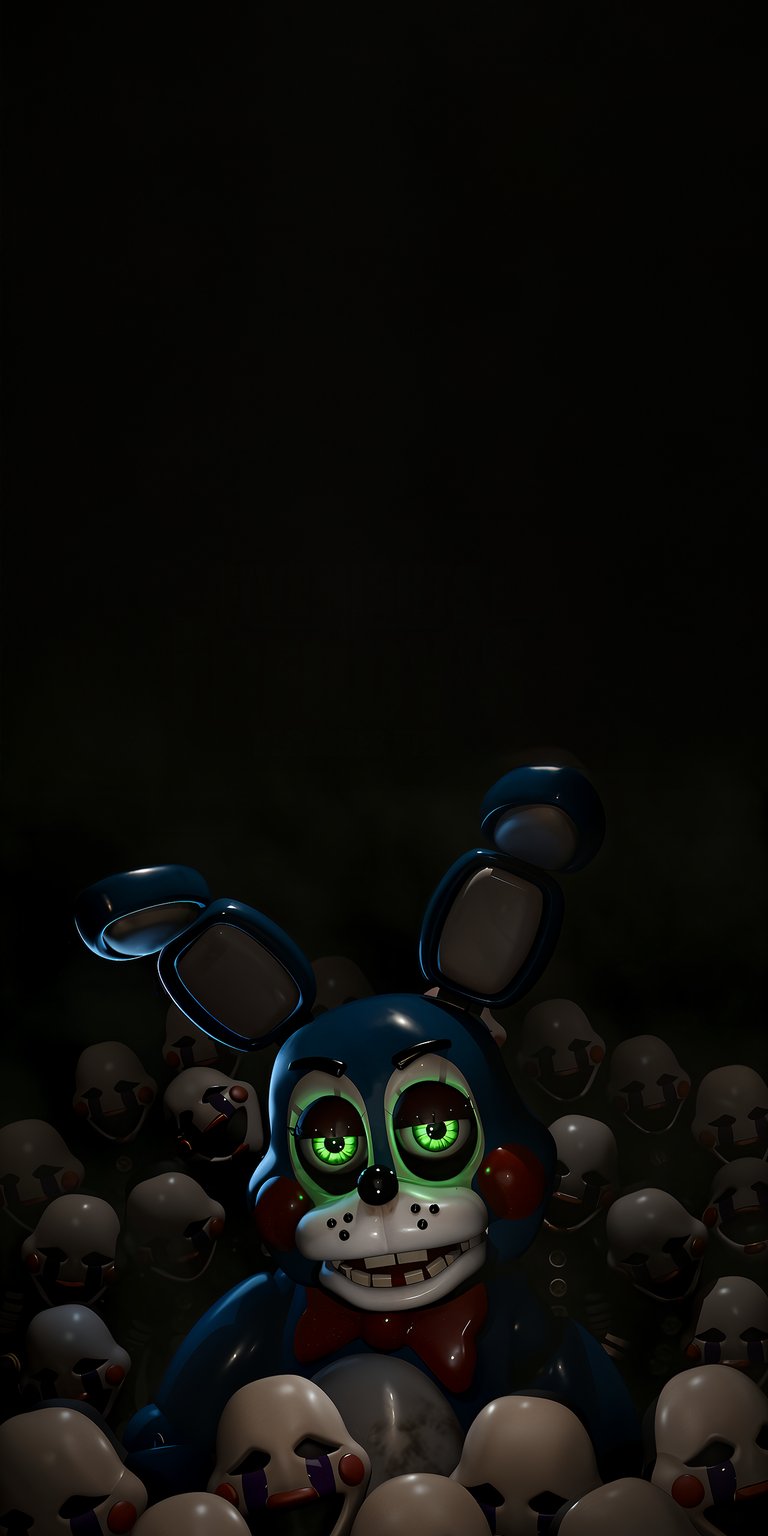 Get this Bonnie wallpaper for your iPhone in stunning 4K resolution. The wallpaper showcases Bonnie with eerie, glowing green eyes, surrounded by a haunting array of puppet masks and a dark background.