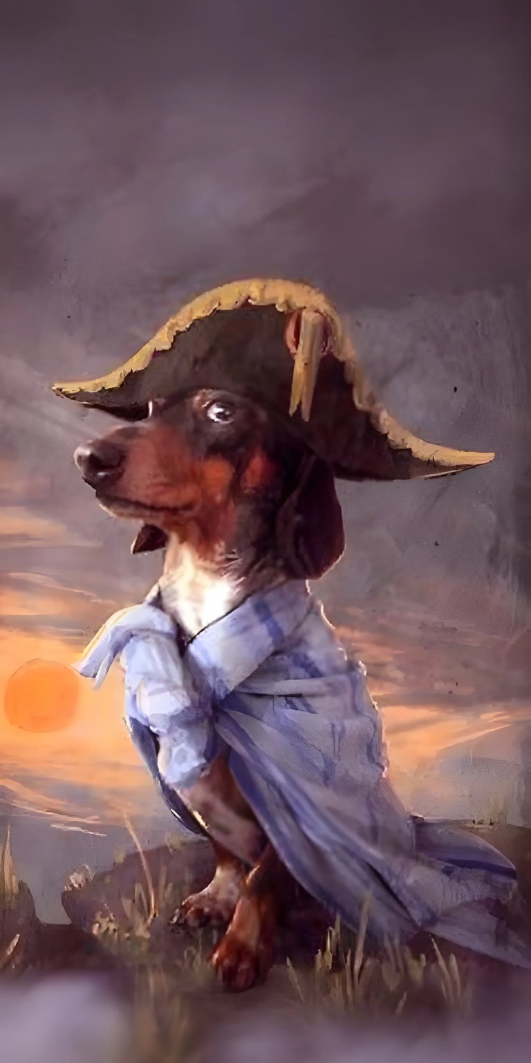 Download this pirate dog 4K wallpaper for your iPhone, showcasing a dachshund in a pirate hat. Notice the sunrise in the background and the blue striped shirt worn like a cape; a perfect wallpaper!