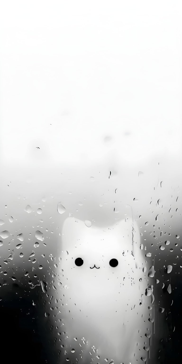 This minimalist wallpaper features a cute white cat peeking through a window covered in soft raindrops. This calming and aesthetic wallpaper brings a cozy, rainy day feel to your iPhone.