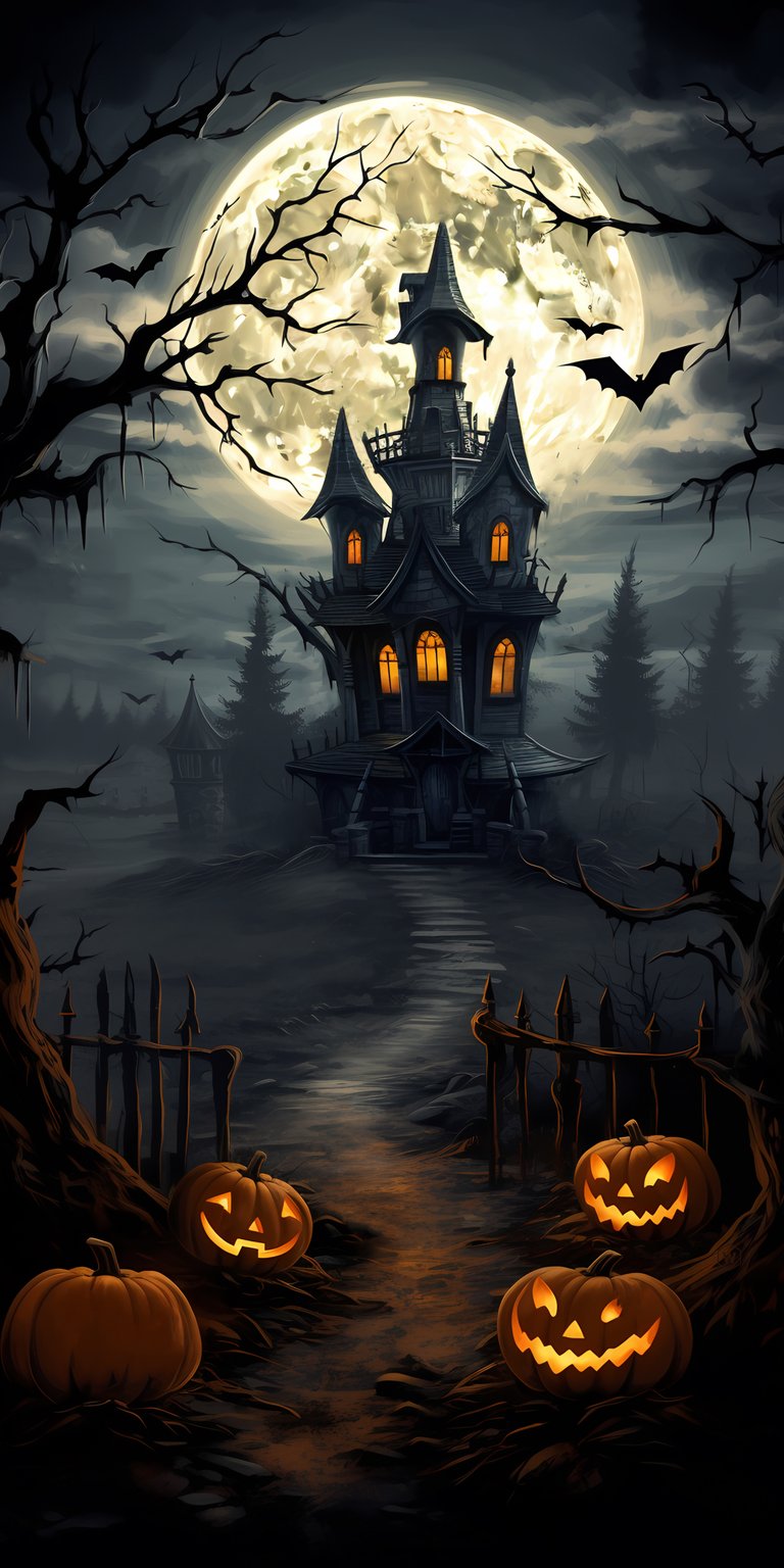 Spooky castle with a moon view at night and a pumpkin on the road wallpapers