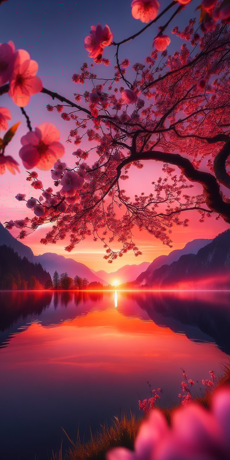 Cherry blossom beside the lake on a sunset wallpaper