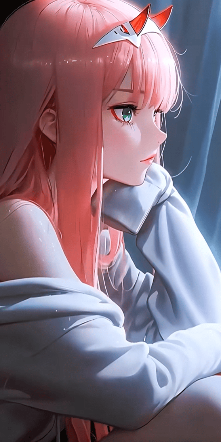 This Zero Two 4K wallpaper features a stunning aesthetic illustration of the character in a thoughtful, serene pose. Perfect for an iPhone lock screen, this background uses soft blue lighting and vibrant pink tones to create a cinematic mood.