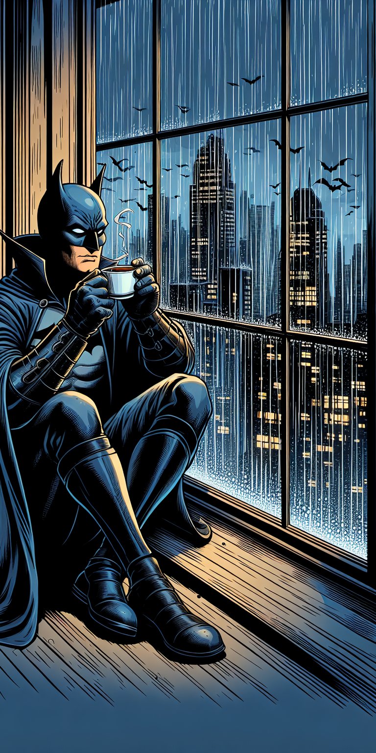 Batman drinking hot coffee inside his room while raining wallpaper