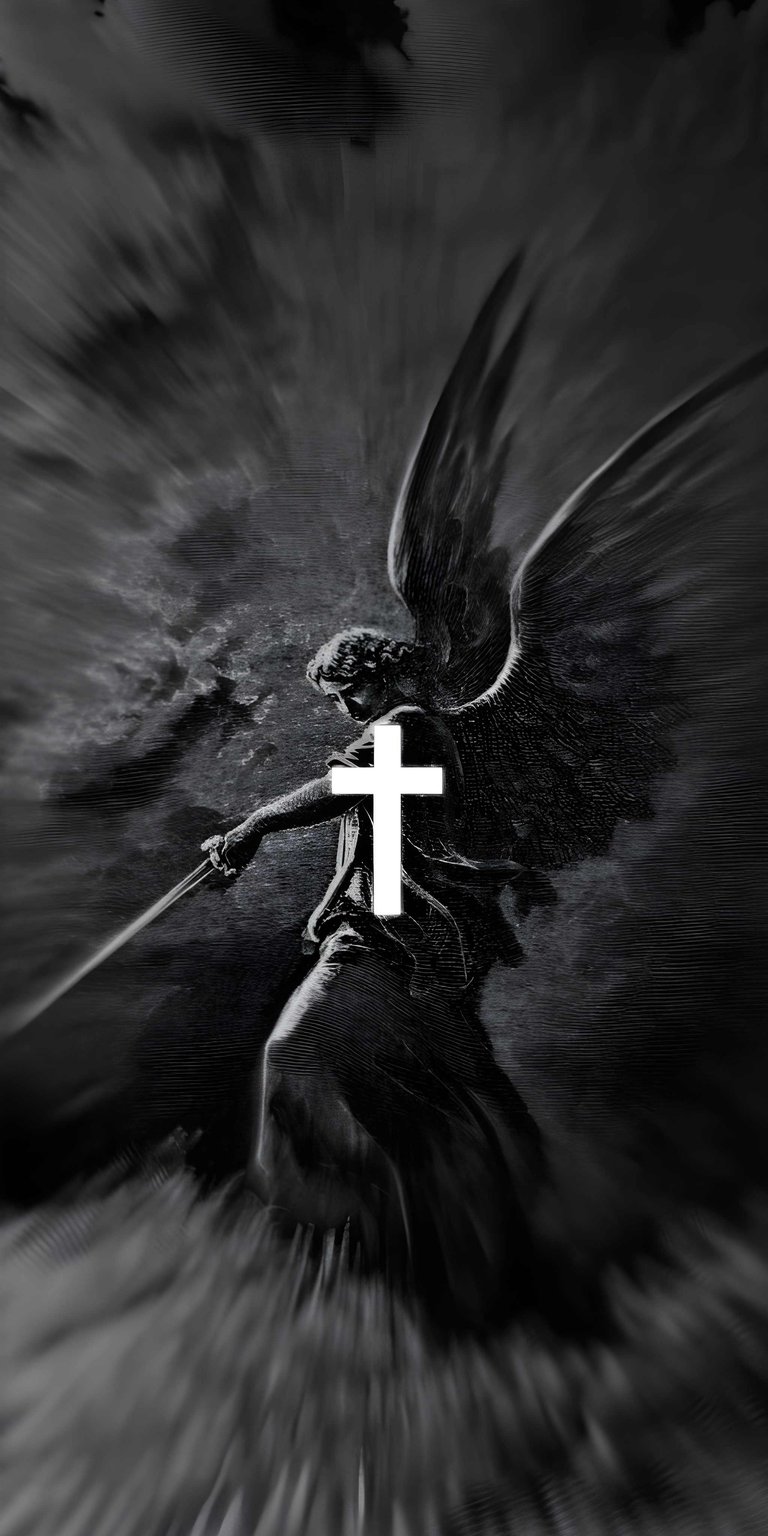 Download this captivating Angel Warrior wallpaper in stunning 4K resolution for your iPhone. This wallpaper features an angel with large wings and a sword with a white cross overlayed.