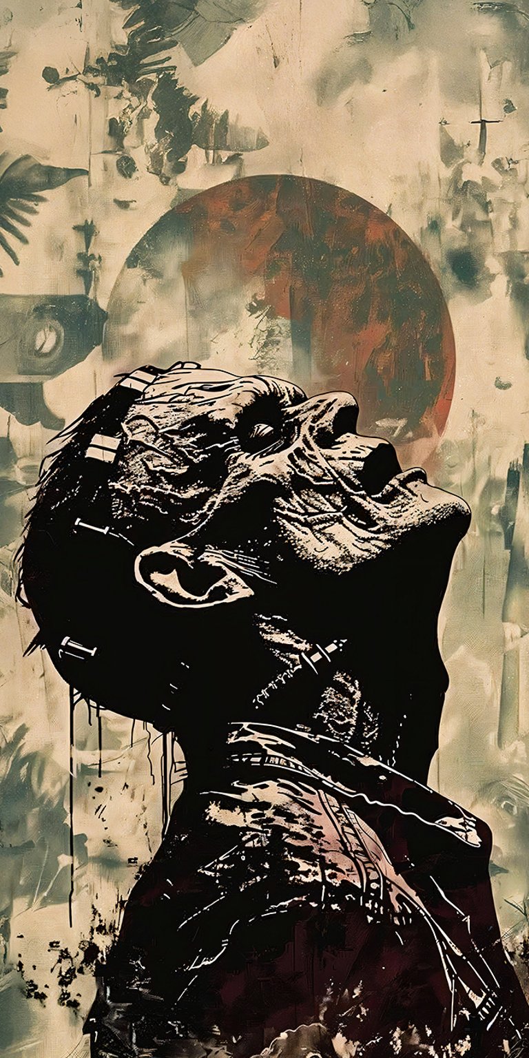 A powerful, high-contrast graphic image of Frankenstein's monster (the Creature), looking upwards against a looming red moon. This dark, intense design captures the gothic horror and tragedy of Victor Frankenstein's creation, providing a dramatic backdrop for classic horror fans and those who love dark, expressive aesthetics. Optimized for iPhone, Android, and striking on AMOLED displays.