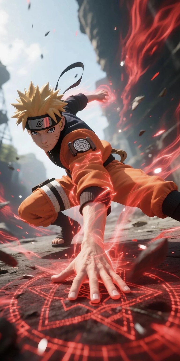 Get this stunning Naruto wallpaper in 4K for your iPhone, featuring the character in an orange suit with red energy around his hands. This wallpaper also shows a detailed summoning circle under his hand!