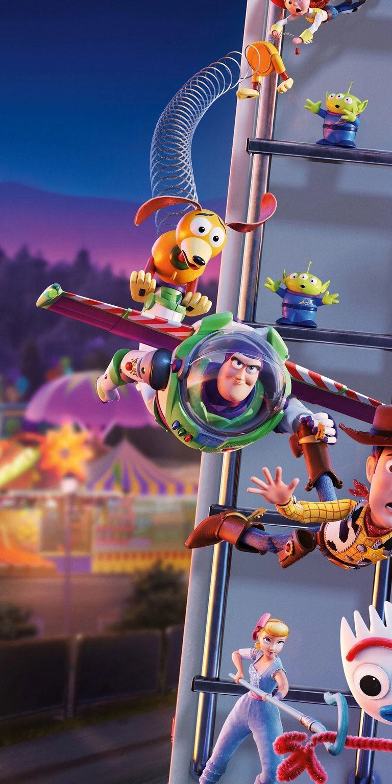 Transform your iPhone with this vibrant Toy Story 4K wallpaper featuring Buzz Lightyear soaring with Slinky Dog, while Woody and Bo Peep hold on tight. This stunning wallpaper captures the playful spirit of Toy Story against a colorful carnival backdrop.