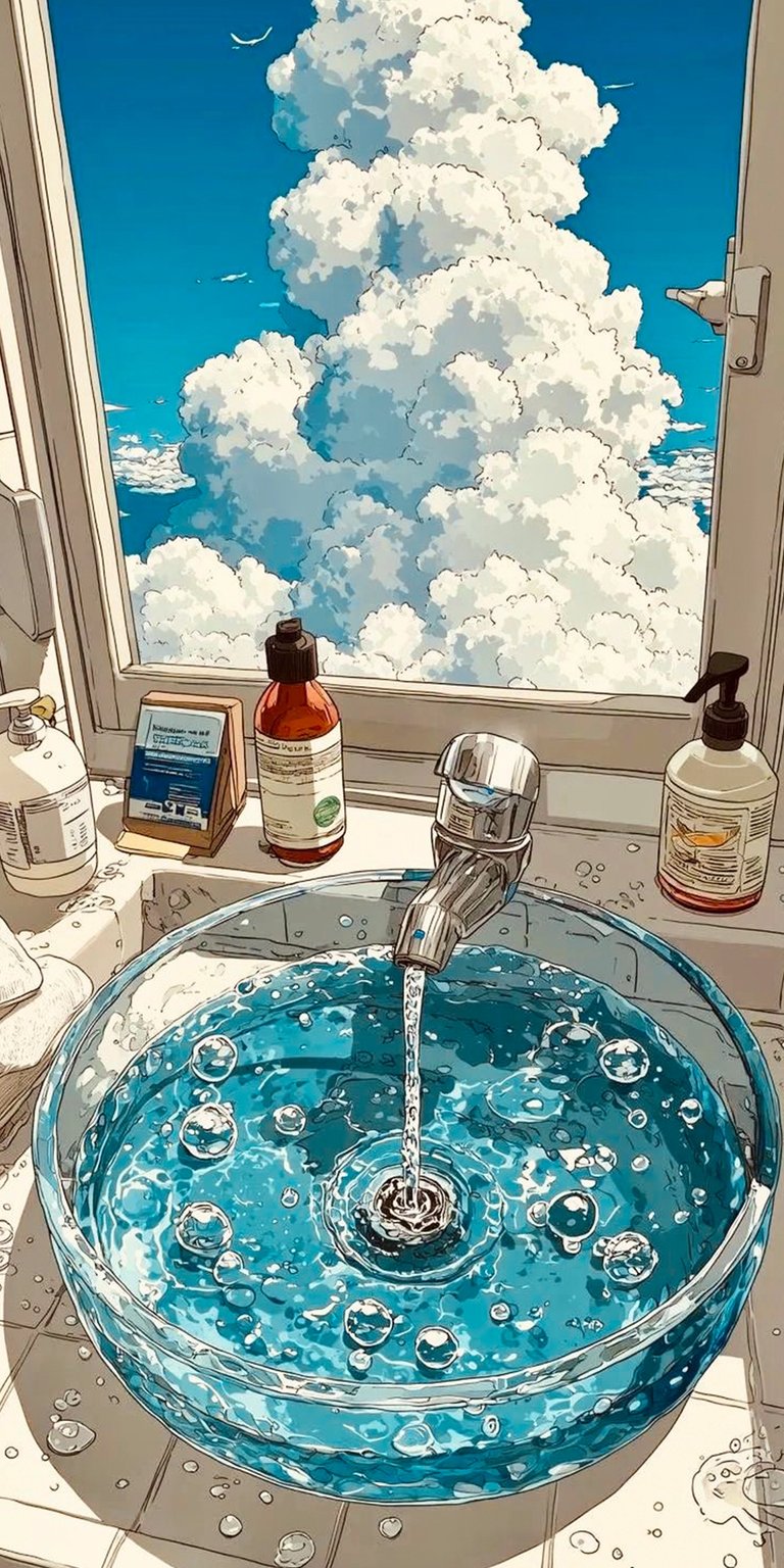 Get this unique bathroom sink 4K wallpaper for your iPhone, showcasing a vintage aesthetic. This wallpaper features a clear glass sink filled with clear blue water, soap bottles, and a view of fluffy clouds through the window.