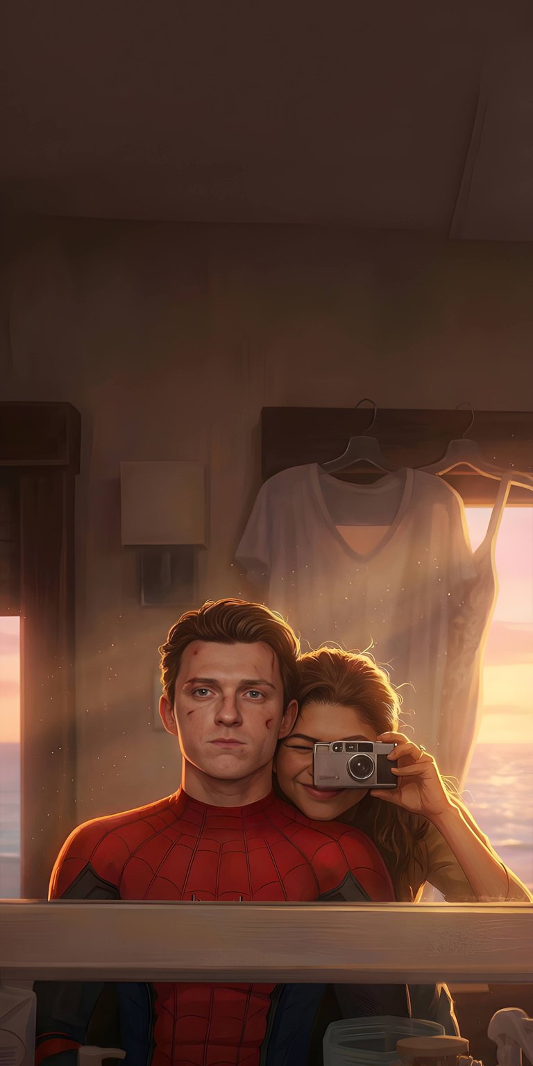 A warm 4K wallpaper featuring a candid moment of Tom Holland and Zendaya taking a mirror selfie. Set this romantic iPhone wallpaper to celebrate the beloved Spider-Man stars in a cozy, real-life setting.