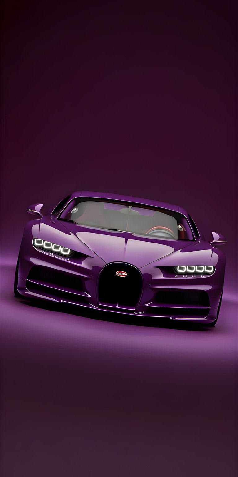This 4K wallpaper features a sleek Bugatti Chiron finished in a deep, vibrant purple with glowing LED headlights. Designed for iPhone, this high-contrast aesthetic wallpaper captures the luxury and sharp lines of the supercar against a matching minimalist backdrop.