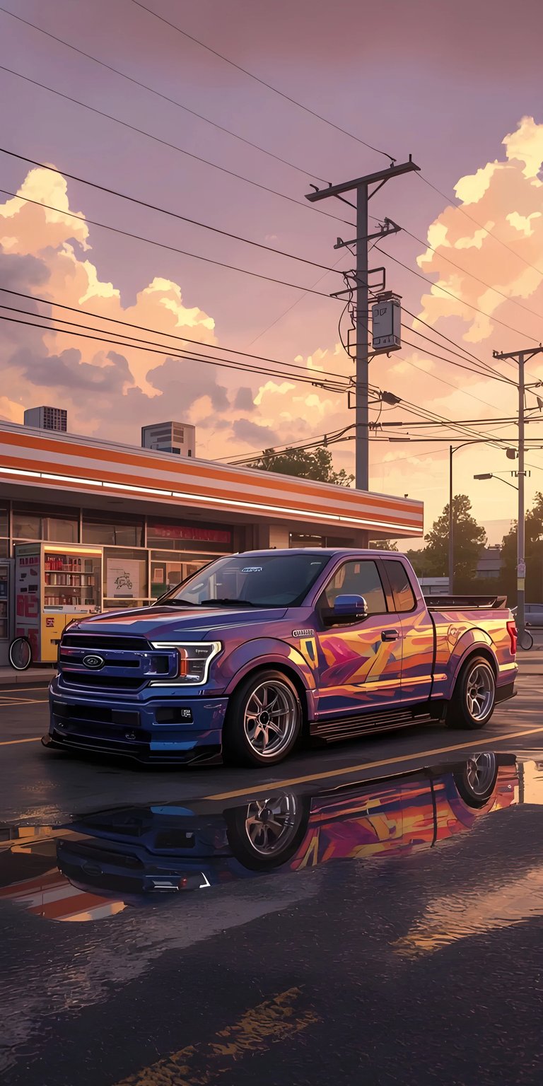Download this stunning Ford F-150 wallpaper in 4K for your iPhone, showcasing the truck's custom paint job and aftermarket rims. Notice the reflection in the puddle and the convenience store backdrop, creating a unique scene for your wallpaper.