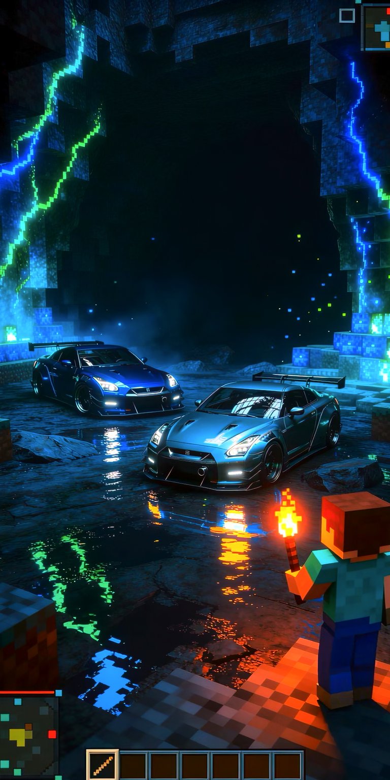 An immersive Minecraft-themed wallpaper featuring the player character, Steve, holding a torch to illuminate a pair of Nissan GTRs parked in a dark, rocky overhang. The warm orange light from the torch clashes beautifully with the cool blue tones of the cars and the environment. This piece perfectly bridges the gap between the Minecraft player experience and automotive passion.