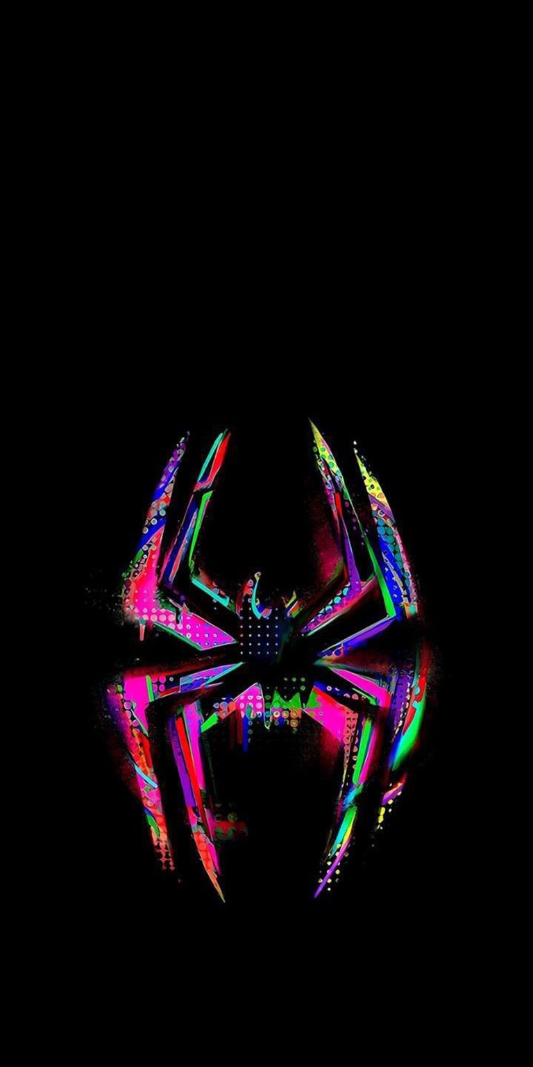Download this Spider-Man logo 4K wallpaper for your iPhone, showcasing a vibrant and colorful design. The emblem features neon accents, a unique dotted pattern, and sharp, angled lines.