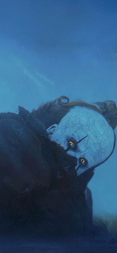 This iPhone wallpaper features a dark Pennywise wallpaper in stunning 4K resolution for your phone. This matching wallpaper shows Pennywise and another man and is intended for 2 people, creating a unique matching aesthetic across devices.