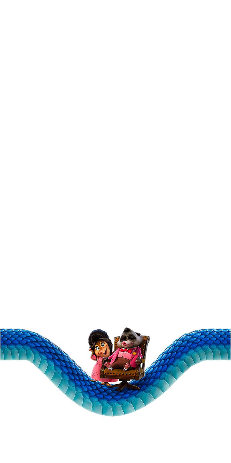 Dr. Fuzzby, a small creature in a pink suit, and Nibs, a beaver character, are shown on a chair being tangled up by the mysterious blue snake Gary De'Snake, a central character in the upcoming Zootopia 2. This poster highlights the chaos caused by the new reptile in Zootopia. Perfect for fans of the Disney movie and those seeking a fun, high-contrast home screen. Works beautifully on iPhone, Android, and AMOLED displays.