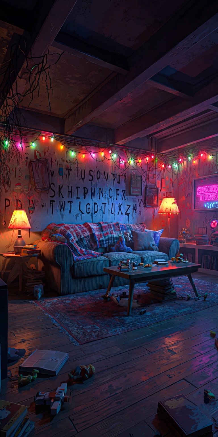 A stunning, high-quality photo of the iconic alphabet wall in Joyce Byers' living room, with the colorful Christmas lights used to communicate with Will Byers when he was trapped in the Upside Down. Perfect for fans of the Netflix series and those who enjoy a dark, cinematic, and nostalgic 80s aesthetic.