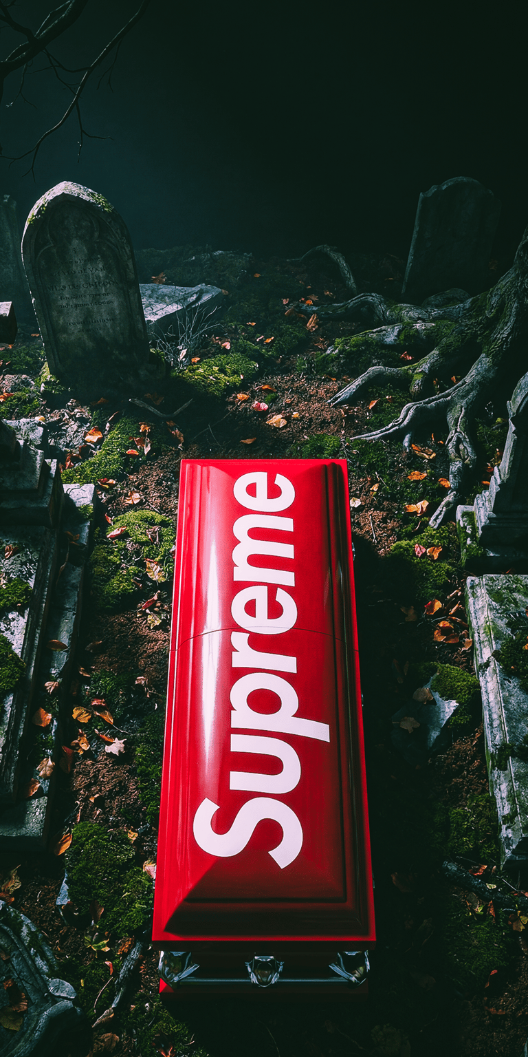 A vibrant red designer coffin sits amidst a dark, mossy graveyard setting. This aesthetic wallpaper features sharp white branding and atmospheric lighting for a bold iPhone look.